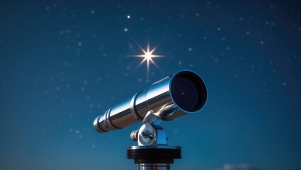 Sleek telescope aimed at a starry night sky with a prominent bright star visible