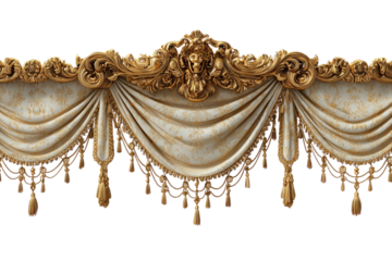 Ornate cream-colored drapes with gold trim and lion heads