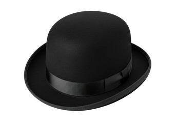 A classic black bowler hat, finely textured felt, with a sleek satin band, presented standalone on a transparent, isolated background with no shadows, clean product display concept