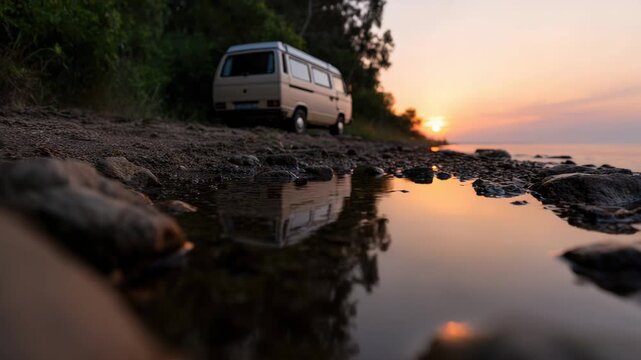 Golden sunset reflects on calm water beside cozy camper van by shore