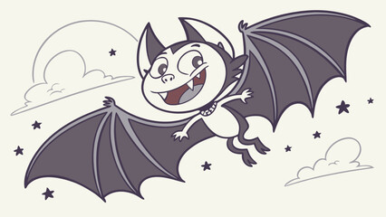 A cheerful cartoon bat with large wings and fangs flies through a starry night sky with wispy clouds embodying a friendly halloween spirit