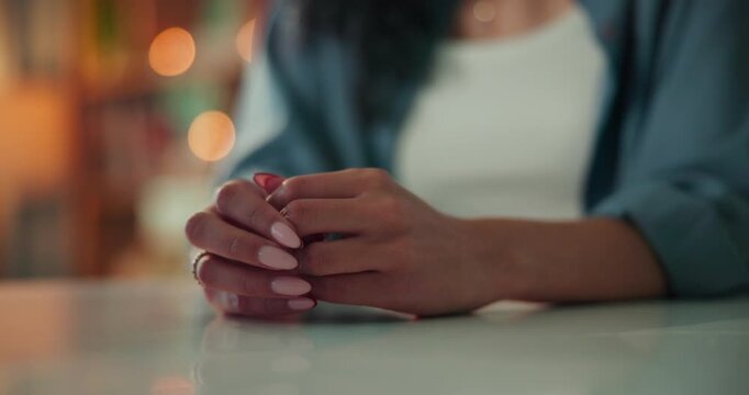 Anxiety, stress and hands of woman in home for uncertain, overthinking and emotional distress. Mental health, worry and person by table with nervous, trauma and overwhelmed for panic attack in house