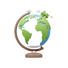 A playful illustration of a world globe with green continents, lush trees, and cartoon clouds.