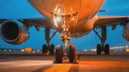 Close-up of an airplane's landing gear on a runway during twilight
