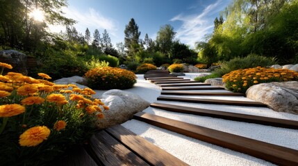 A visually striking scene featuring a stone pathway bordered by vibrant flowers, blending natural beauty with artistic design, ideal for peaceful strolls and contemplation.