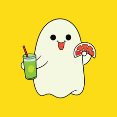 Cute Cartoon Ghost Character Holding a Refreshing Green Drink and Grapefruit Slice