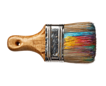 Close-up of a paintbrush with a wooden handle and multicolored bristles.  The bristles are coated in various vibrant hues.  A metal ferrule encircles the bristles