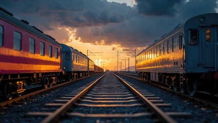 Fototapeta premium Trains on railway tracks during sunset, with a dramatic sky and vivid colors creating an atmospheric scene
