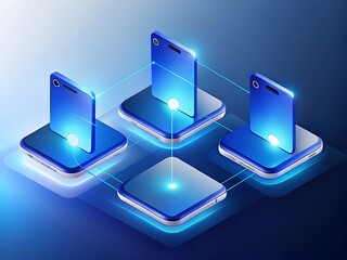 Futuristic digital data servers with glowing blue screens in isometric perspective