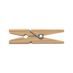 Single wooden clothespin, isolated on white background.  Simple, rustic, and functional household item.