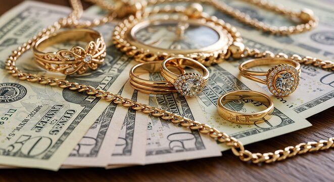 Close-up of Gold Jewelry (Rings and Necklace) Resting on a Stack of US Dollar Bills, Depicting Wealth and Luxury