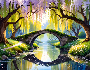 Obraz premium Serene Willow Crossing Over a Glassy Stream in Nature’s Embrace
