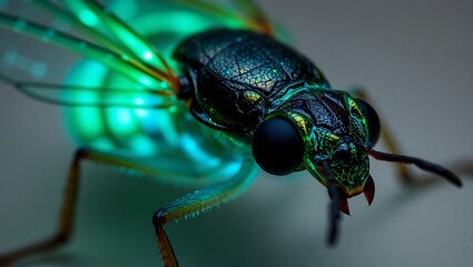 A close up of a glowing green insect with black eyes and wings on a neutral colored background