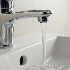 Water running from a faucet into a white ceramic sink, daily routine, hygiene and bathroom concept