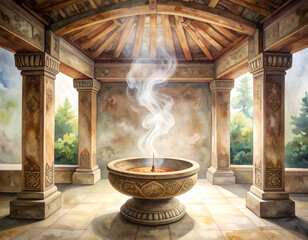 Carved Stone Alcove with Incense Bowl and Ethereal Smoke Atmosphere