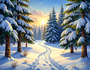 Serene Snowbound Path Between Silent Pines at Sunrise