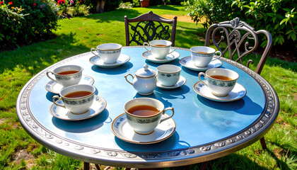 Simple Silver Table Set for Tea Glinting in the Morning Sunlight
