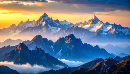 Shimmering Silver Ridge with Misty Peaks at Sunset