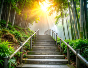 Ascending Silver Leafed Steps Through Luminous Bamboo Haze