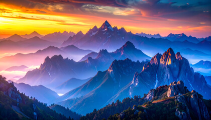 Silver Ridge of Shimmering Rocks and Misty Peaks at Sunset