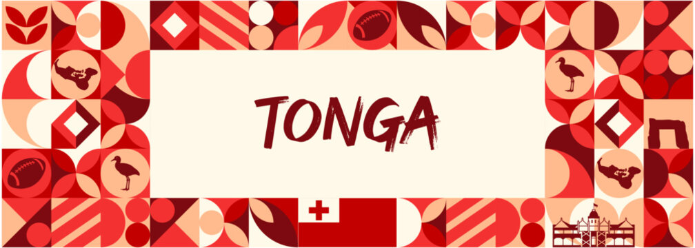 Colorful Geometric Tonga Banner with Cultural Symbols and Flag Elements