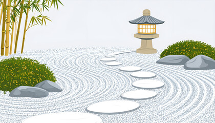 Serene Garden Pathway with Raked Gravel and Polished Stones