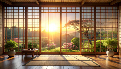 Serene Sunrise View Through Bamboo Lattice Screens in Tranquil Room
