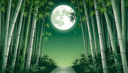 Silver Canopy of Bamboo Stalks Illuminated by Ethereal Moonlight