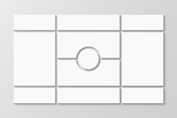 Mosaic pictures template. Photo collage frame. Mood board grid with circle. Portfolio images. Moodboard layout. Empty album brandboard. Retro gallery background. Vector illustration.