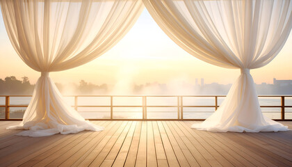 Silken Drapes Fluttering on Riverside Platform at Sunrise