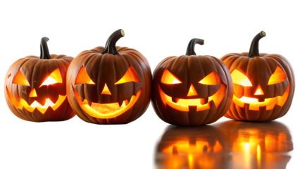 Four carved halloween pumpkins with glowing faces, isolated on transparent background