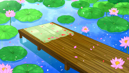 Serene Silken Deck Floating Above Lotus Pond with Fluttering Cloth