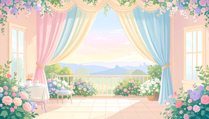 Serene Pastel Teahouse with Silken Curtains and Blooming Flowers