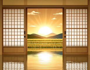 Sable Hued Portal Opens to Flooded Rice Beds and Golden Sunrise