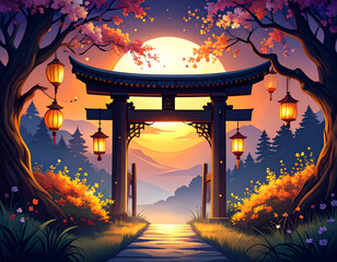 Sable Painted Gate at Twilight with Lanterns and Blossoming Trees