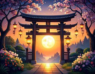 Sable Painted Gate at Twilight with Lanterns and Blossoms
