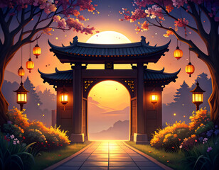 Sable Painted Gate Emerges in Dusk's Hush with Lanterns and Flowers
