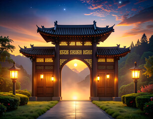 A Sable Painted Gate Emerges in Dusk’s Hush with Lantern Lights