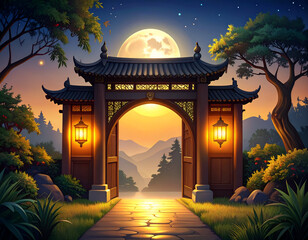 Sable Painted Gate Emerges at Dusk with Soft Moonlight Glow