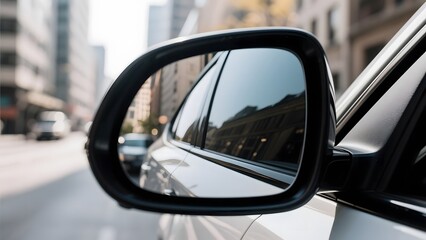 Close-up of a car's side mirror reflecting an urban street scene