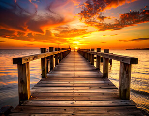 Rustic Wharf at Sunset with Driftwood Beams and Amber Sky