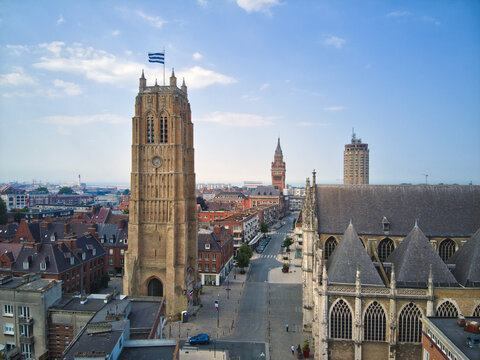 Aerial view of the tower of Saint-&Atilde;&permil;loi Church standing tall against the skyline, a beacon of history and beauty, Dunkirk, France.