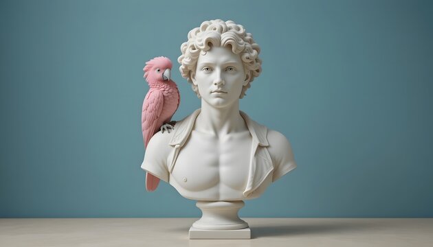 Serene Pastel Pink Cockatoo Perched on Classical Male Bust Sculpture, Minimalist Teal Background - Powered by Adobe