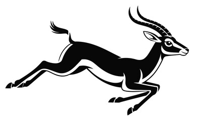  Stylized black and white illustration of leaping antelope with curved horns and streamlined body, captured mid-air in dynamic motion