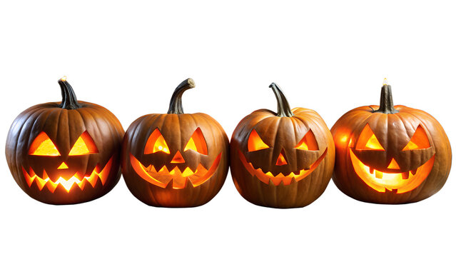 Four carved halloween pumpkins with glowing faces, isolated on transparent background - Powered by Adobe