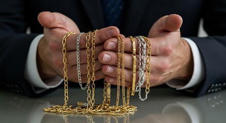 Close-up of a Man in a Suit Holding and Displaying Various Gold and Silver Necklaces, Jewelry, and Accessories on a Reflective Surface