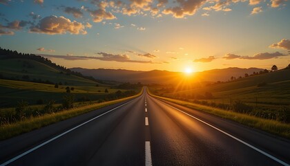 Naklejka premium Serene Sunset Highway: Open Road, Rolling Hills, Golden Hour Landscape Photography