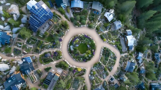 Aerial view, eco village, solar panels, gardens, sustainable living, renewable energy, community life, green future, off-grid homes, environmental conservation