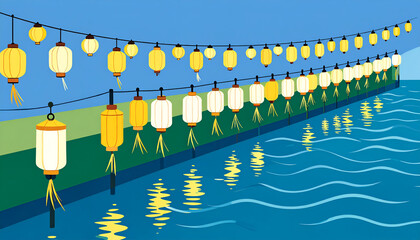 Lanterns Illuminating Quay at Dusk with Gentle Water Reflections