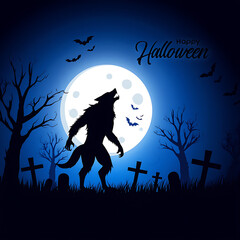 Werewolf howling at full moon in graveyard at night
